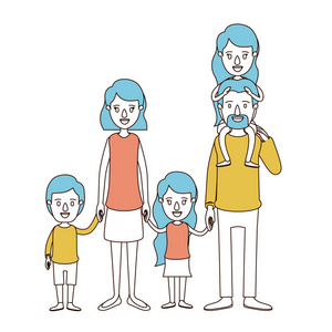 漫画色彩节和蓝头发的女孩在他的背和儿童采取手大家庭父母