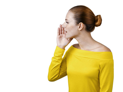 侧说侧面看女性与手近面孔左与张开的嘴照片