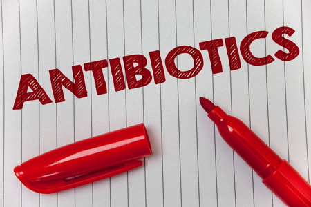 显示抗生素的文本符号。概念性照片抗菌药物消毒剂无菌灭菌卫生理念留言笔记本纸打开标记意图传达感情