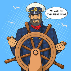 责任心漫画船长和船方向盘波普艺术矢量照片