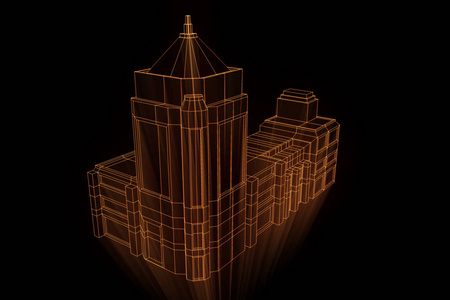 线框全息图风格的建筑.漂亮的 3d 渲染照片