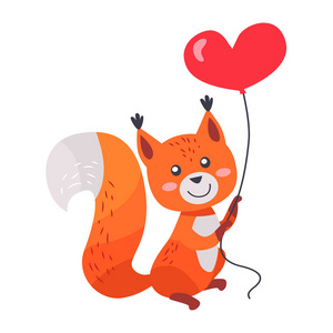 狐狸与红色心形气球在分离的爪子