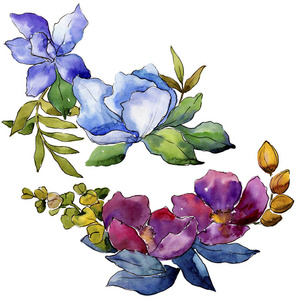 七彩花束热带花卉。花卉植物花。独立的插图元素。背景质地包装图案框架或边框的水彩画野花