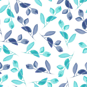 无缝花卉图案与水彩蓝色和薄荷枝