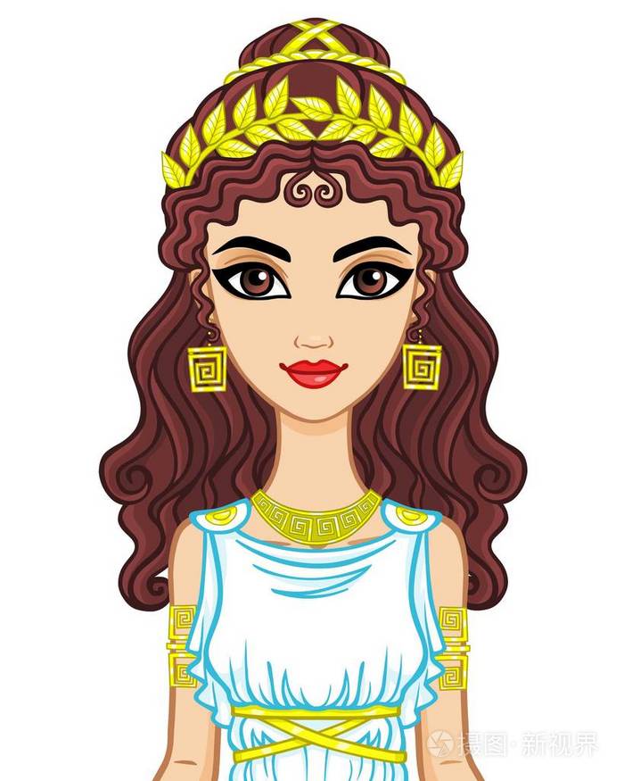 在古代希腊服饰动画女人的画像.孤立在白色背景上的矢量图