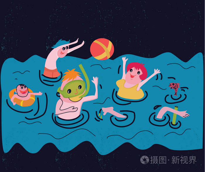 手绘矢量抽象夏日时光趣味插画与游泳快乐的人