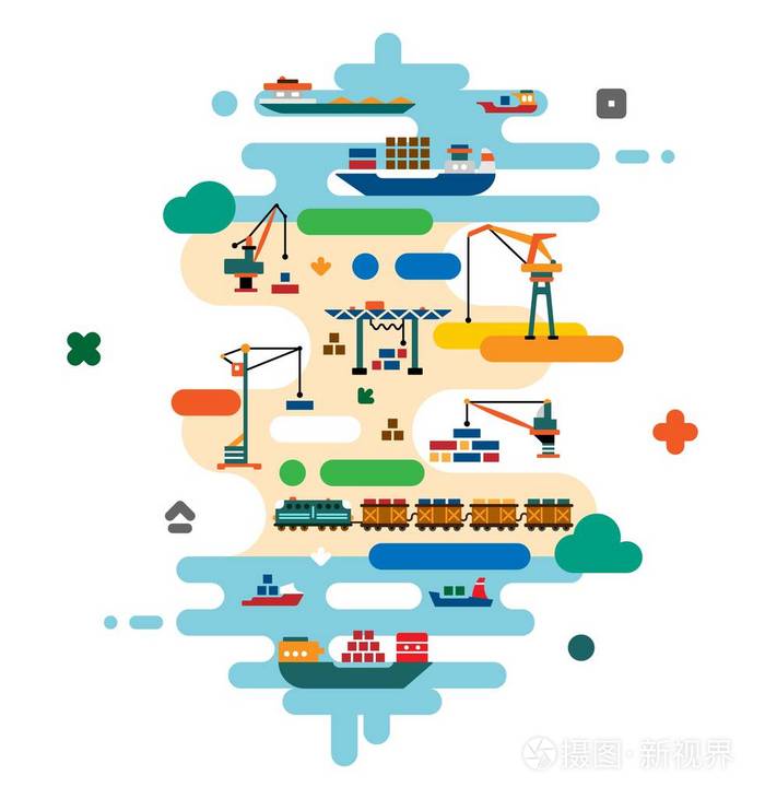 全球货运物流理念海运与货运船港口和货运起重机铁路运输平面卡通插图