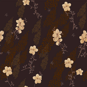 深棕色和米色的花绣球攀援植物在深褐色背景上的无缝图案