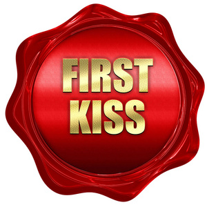 第一次接吻，3d 渲染，红蜡邮票与文本