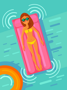 女人躺在游泳池的床垫上。矢量平面卡通插画