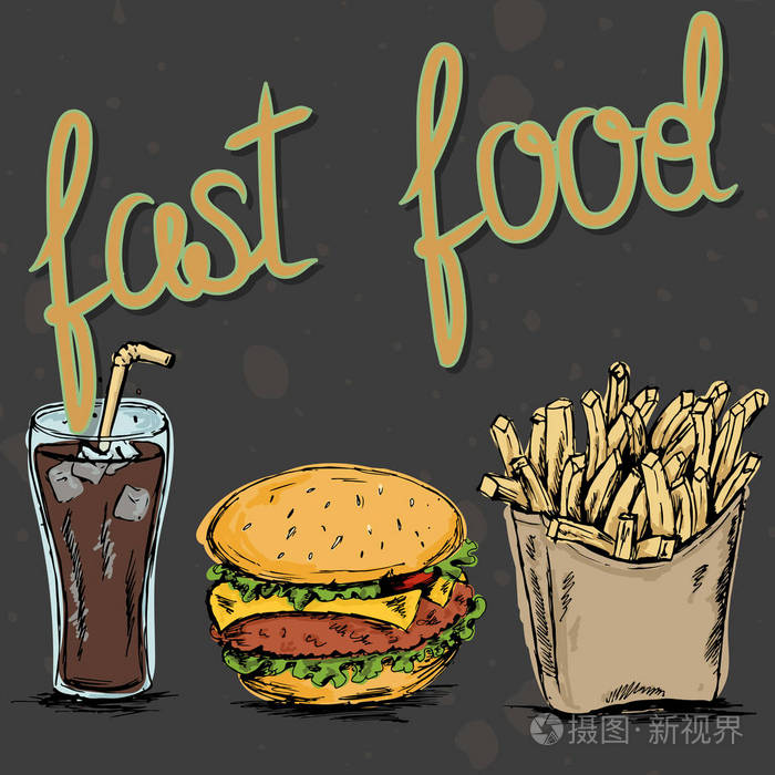 手绘一套的快餐食品.可乐, 汉堡和薯条