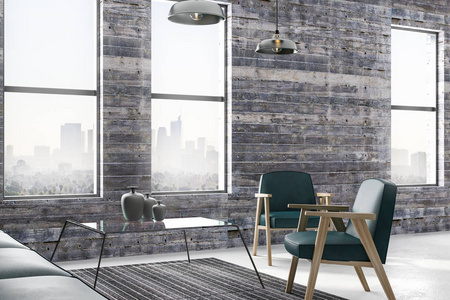 翡翠皮椅在简约阁楼风格的客厅与老式的木墙和城市景观从大窗户。3d 渲染