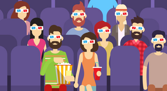 群人坐在电影院里看电影 3d 眼镜与爆米花可乐照片
