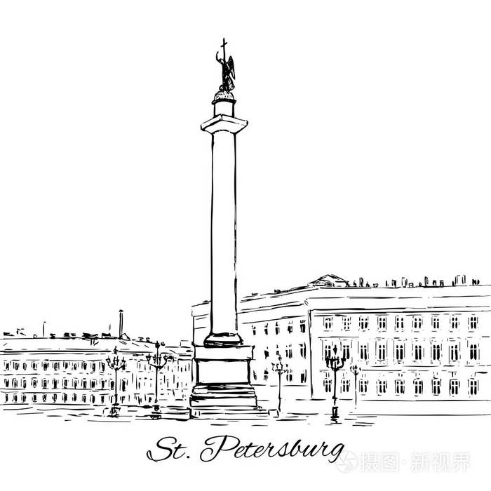 插画 亚历山大 · 列在宫殿广场,圣彼得堡的标志性建筑,俄罗斯,矢量手