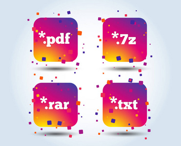 文档图标。文件扩展符号。PdfRar7z 和 Txt 标志。颜色渐变方形按钮。平面设计理念。向量