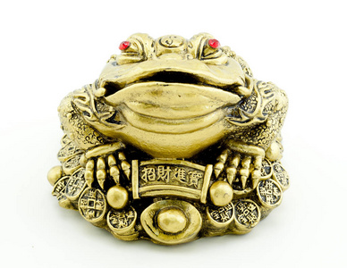 钱蟾蜍金钱青蛙由玉在白色背景照片