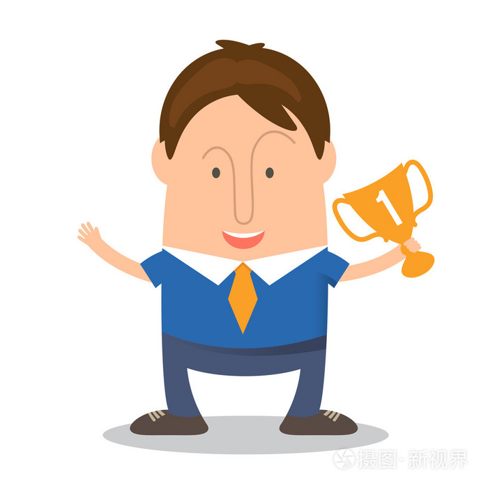 卡通风格的有趣的人商人赢得世界杯的胜利.