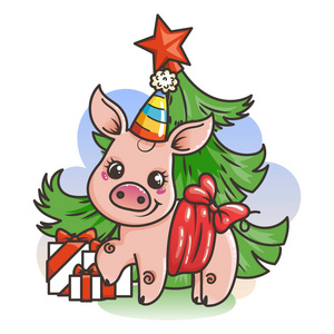 快乐新的2019年卡与卡通婴儿猪。节日小标志