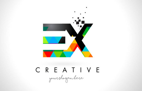 Ex E X 字母标志与彩色三角形纹理设计矢量