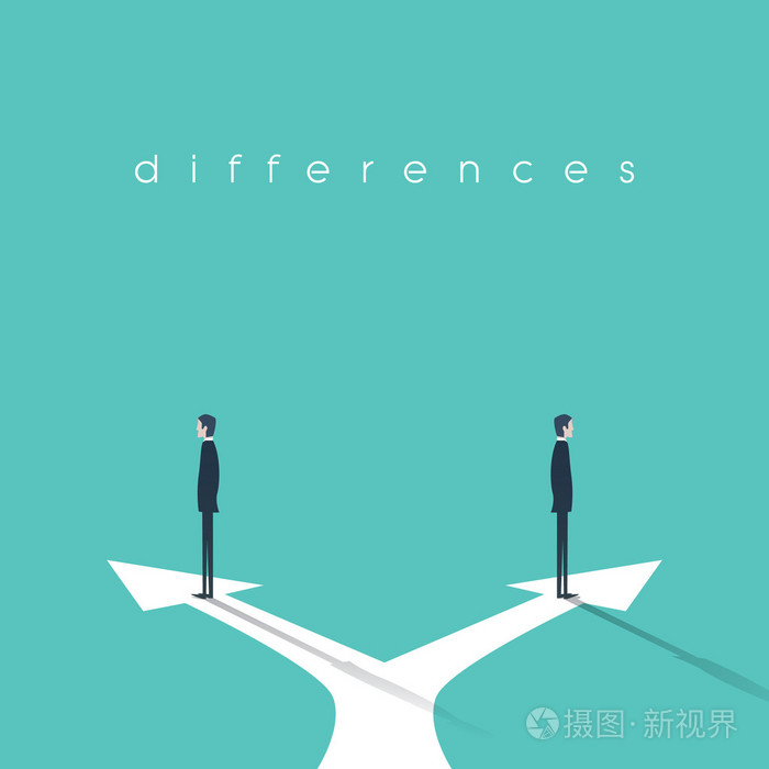 经营理念的交锋,不同意见和分歧.两个商人站在相反的方向