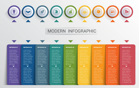 信息图表设计模板 颜色的按钮和 9 板形状