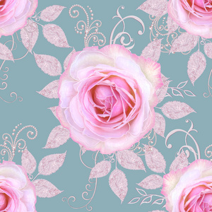 无缝模式。装饰装饰, 佩斯利元素, 精致的纹理叶子制成的精美花边和珍珠。宝石闪闪发亮的卷发, 芽粉彩粉红色的玫瑰。镂空编织精致