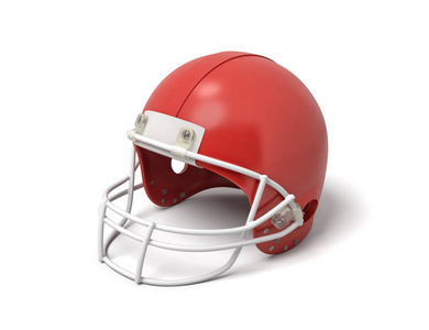 3d 渲染一个红色的美式足球头盔在白色背景上的白色保护网格