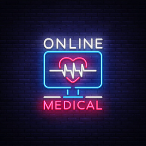 医学在线霓虹灯标志设计模板。医用在线霓虹灯会徽, 轻横幅。在线咨询。矢量插图