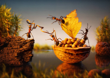 蚂蚁团队系泊树皮与货物的坚果,团队合作照片