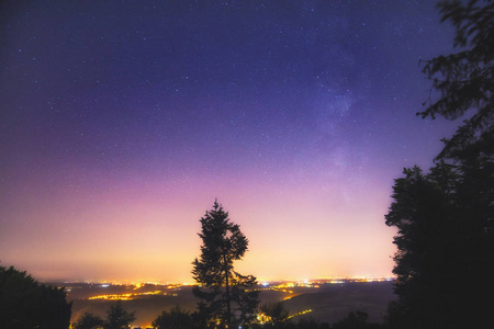 明亮的星星在夜空中闪耀着黑暗的树木剪影, 空间概念