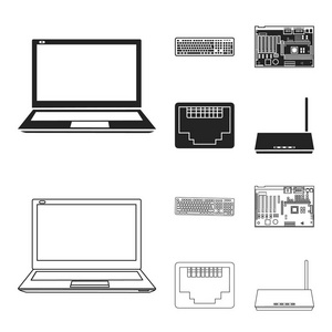 键盘路由器主板和连接器。个人计算机集图标黑色, 轮廓样式矢量符号股票插画网站