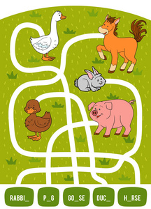 儿童迷宫游戏。找到从图片到它的标题的方式, 并填写丢失的字母。兔子, 鸭子, 猪, 鹅和马