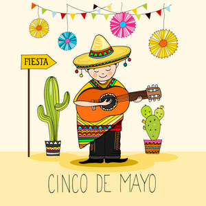 墨西哥男孩 cinco de mayo 度假玩吉他，为墨西哥贺卡