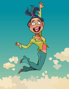 一套西装的卡通女人快乐地跳上天空背景