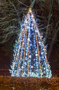 色点亮圣诞树与蓝色的装饰品，室外左近