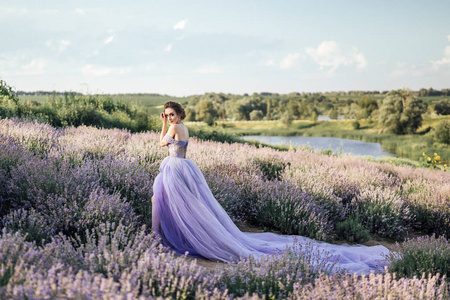 美丽的年轻女子穿着长紫色的礼服站在薰衣草领域, 全长