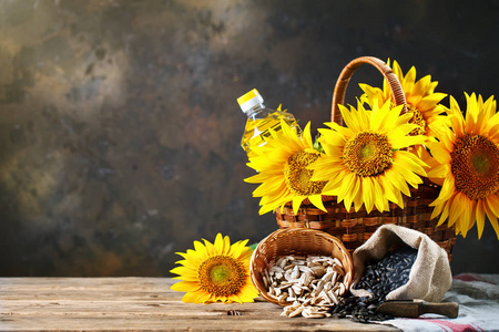 在木桌上有种子的向日葵和向日葵油的特写照片。产品的生物和有机概念