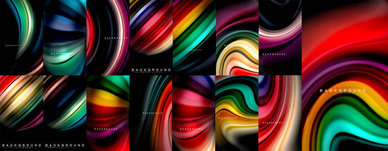 流体色流抽象背景巨型收藏, 现代五颜六色的流动设计, 液体波浪在黑色