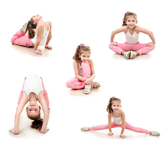收集的照片可爱的小女孩，做体操运动