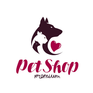 宠物店的标志.动物收容所 狗 猫 鹦鹉图标或标签.刻字矢量图照片