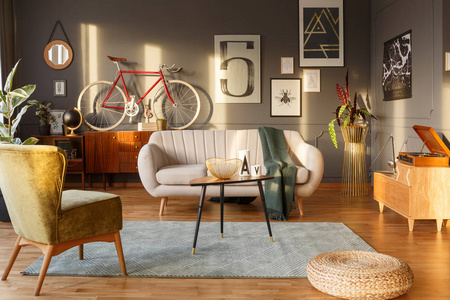 浅色沙发, 绿色地毯, 复古扶手椅, 餐具, 留声机和红色自行车反对暗墙与海报在客厅内部