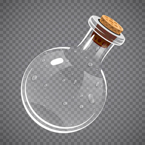空的玻璃瓶。长生不老药，药水或化学的概念。全透明
