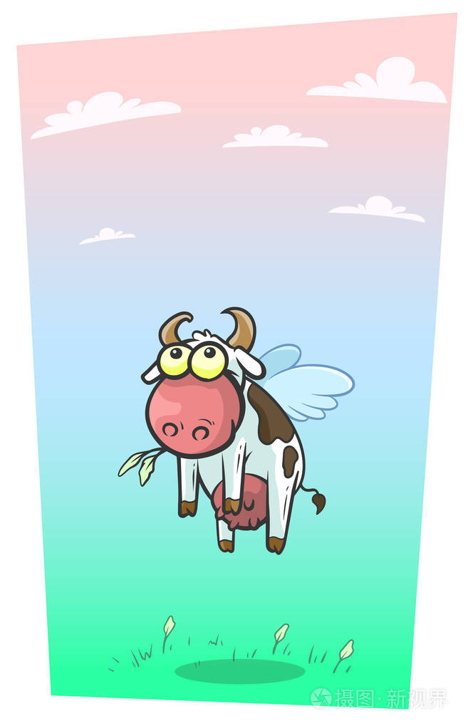 卡通酷飞牛与可爱的翅膀矢量