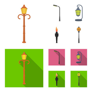 路灯在复古风格, 现代灯笼, 火炬和其他类型的路灯。灯柱集合图标在卡通, 平面式矢量符号股票插图