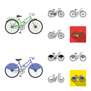 各种自行车卡通, 黑色, 平, 单色, 轮廓图标在集合中进行设计。传输矢量符号股票 web 插图的类型