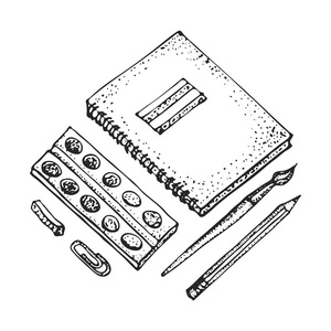 工具组合.铅笔, 刷子, 笔记本, 油漆, 素描, 水彩.