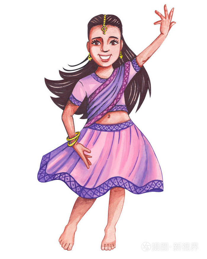 手绘印度女孩手画插图
