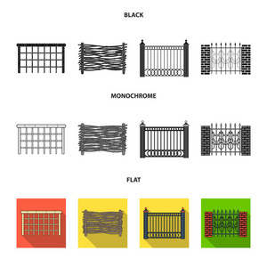 一块金属和砖块的栅栏, 木栅栏。一个不同的围栏集合图标黑色, 平, 单色风格矢量符号股票插画网站