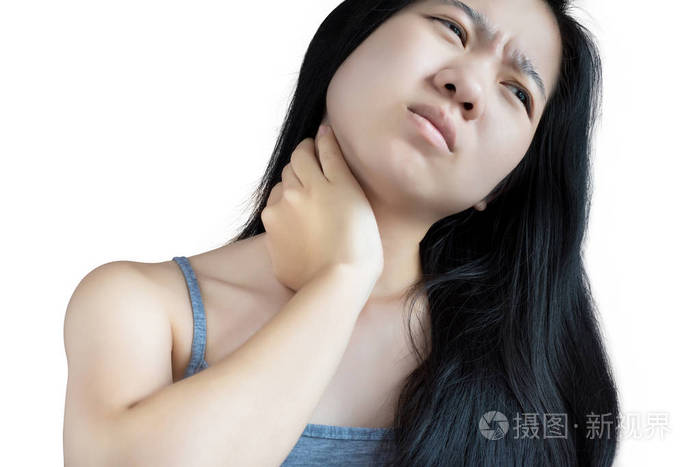 急性痛和喉咙痛的症状,在白色背景上分离出一个女人.