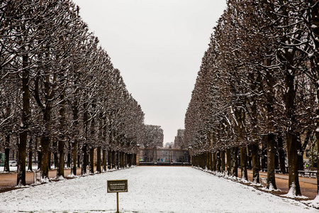 在春天前的一个寒冷的冬天, 在卢森堡皇宫花园里保持草地标志。